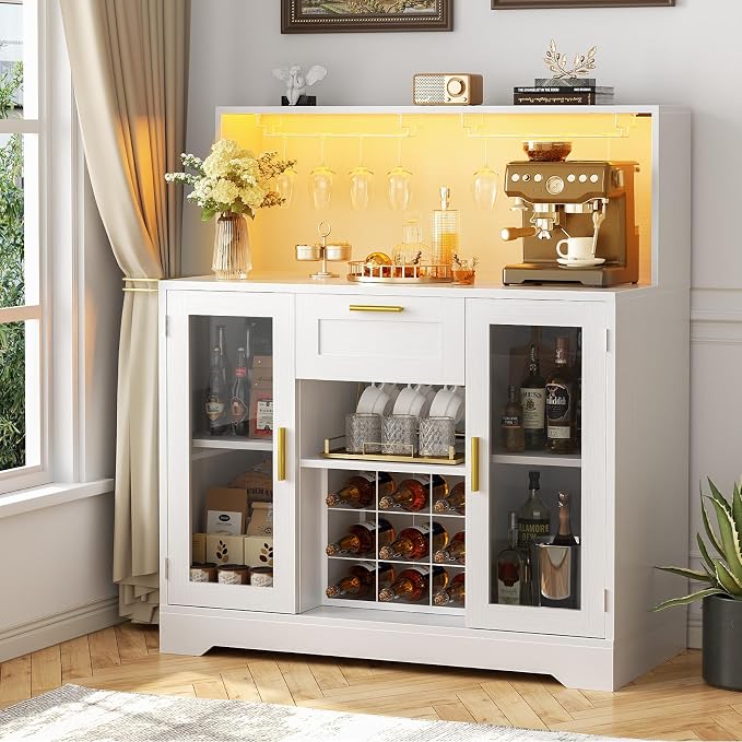Unikito Coffee Bar Cabinet with RGB LED Light and Storage Hutch, White - Image 4