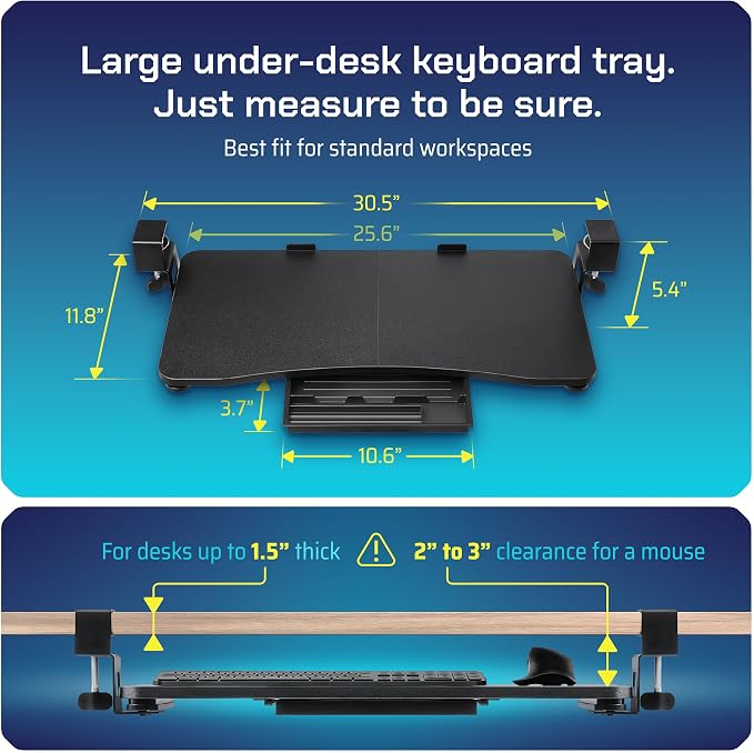 Keyboard Tray | Under Desk Keyboard Tray Slide Out w/Adjustable C-Clamps for Desks Up to 1.5-Inch-Thick | Clamp On Drawer with 1x USB-C to 4 USB-A Hub and 1x Five-Cable Management Organizer - Image 2