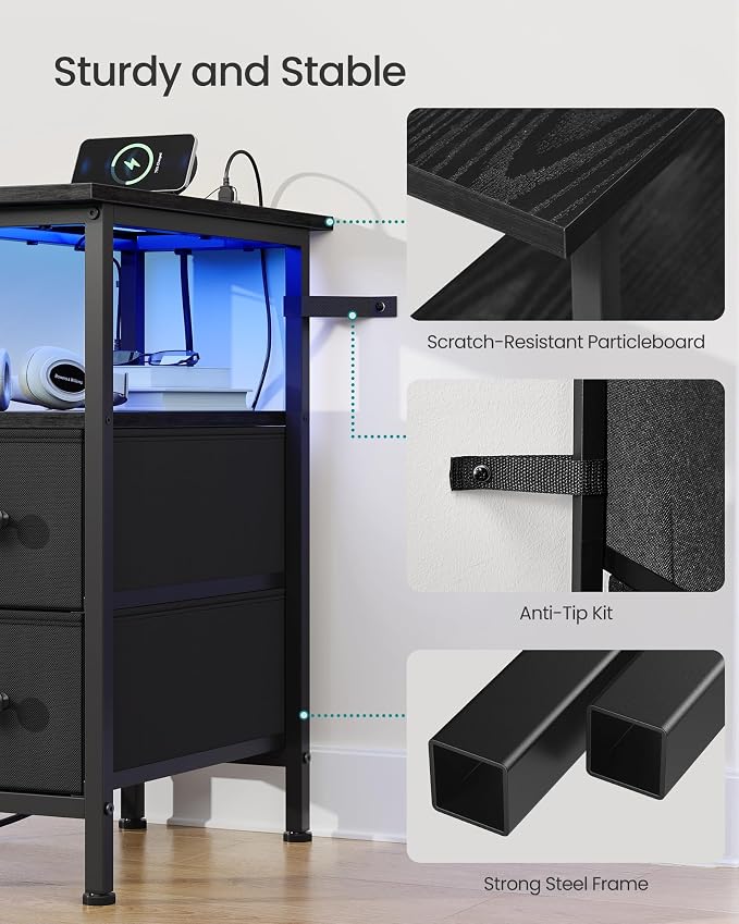 SONGMICS Side Table with LED Light, Narrow End Table with 2 Fabric Drawers - Image 7