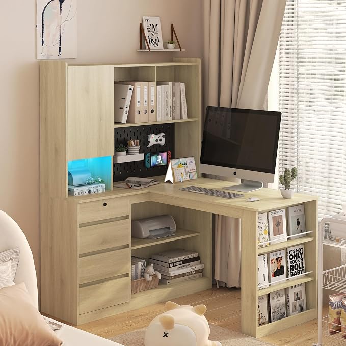 KEIKI L Shaped Home Office Desks with LED Light, Pegboard, Hutch, Drawers, Bookshelf & Storage Shelves, Modern Wooden Gaming Computer Corner Table for Work, Study, Writing by KEIKI