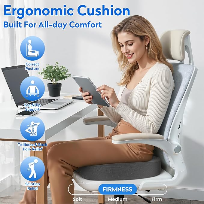CushZone XXL Memory Foam Seat Cushion for Office & Car, Gray | U-shaped Coccyx Cutout, Contoured Design, Breathable Removable Mesh Cover, Non-Slip Base, Carry Handle - Image 7