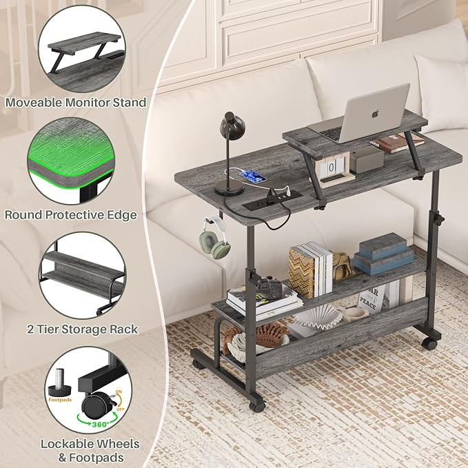 Height Adjustable Standing Desk with Power Outlets and LED Lights - 32" Manual Stand Up Desk with Monitor Stand and Storage Shelves Small Mobile Rolling Computer Desk Portable Laptop Table, Grey Oak - Image 6