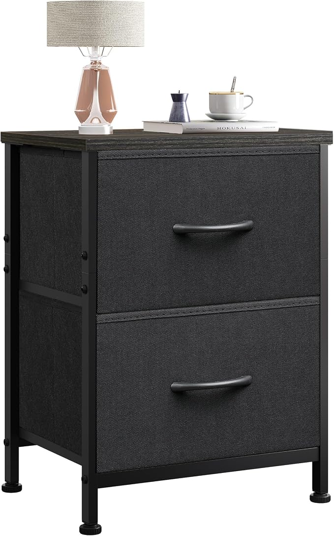 WLIVE Black Night Stand, Small Dresser with 2 Drawers & Wooden Top, Nightstand with Fabric Bins, Bedside Table End Table for Bedroom, Closet, Entryway, College Dorm, Charcoal Black by WLIVE