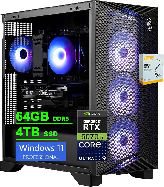 msi Aegis R2 AI 2nd Gaming Desktop | Intel 24-core Ultra 9 285 | 64GB DDR5 4TB SSD | GeForce RTX 5070 Ti 16GB (Up to 1406 Tops) 5Gb LAN RGB CPU Air Fan Cooler 80+ Gold PSU Win11Pro w/DLCA Accessory by Unknown
