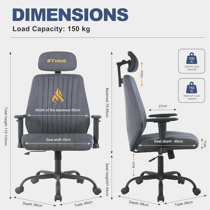Symino Office Chair Ergonomic with 109° Rocking Function, Breathable Suede Fabric, Integrated Lumbar Support, Adjustable Headrest & Armrests, Swivel Desk Chair - Image 3