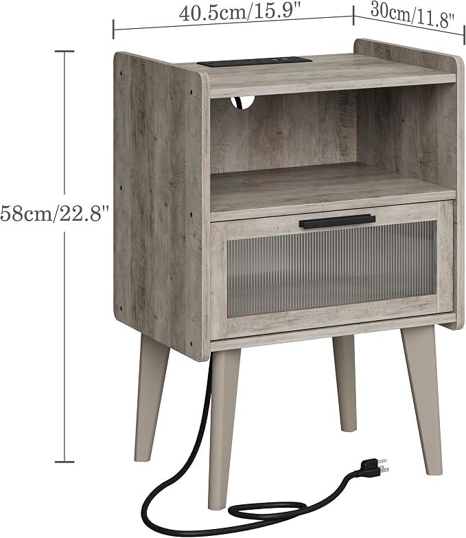 MMEOLUOOK Nightstand with Charging Station, Bedside Tables Oak Grey End Table Side Table with 2 Tiers Storage Space, for Bedroom Living Room MLBZ07GE - Image 3