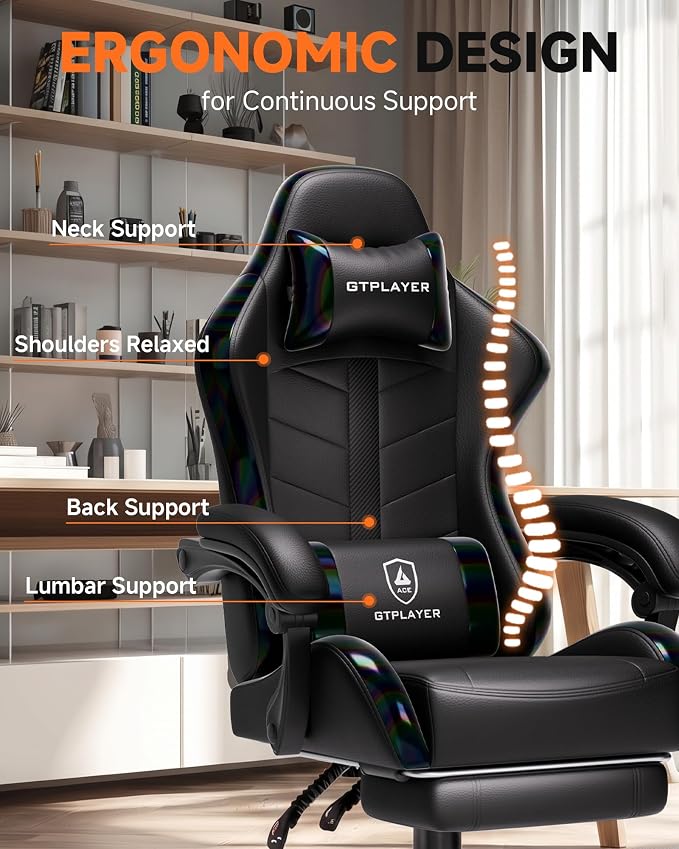 GTPLAYER Gaming Chair, Computer Game Chair for Adults, Iridescent Black | Ergonomic Comfort Video Game Chair with Footrest 90-155°Recline, Head Lumbar Support & Height Adjustable for Office Gaming - Image 4