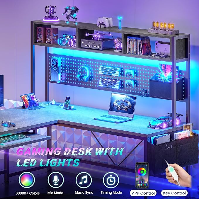 SEDETA L Shaped Office Desk with Hutch, Reversible 94.5" Computer Desk | L Shaped Gaming Desk with LED Light, Keyboard Tray, Storage Shelves and Headphone Hook for Home Office, Grey - Image 7