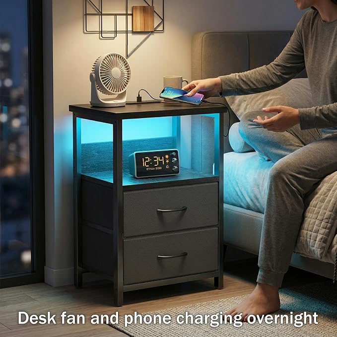 Fixwal Night Stand with Charging Station, Black Led Nightstand, 2 Drawers - Image 4