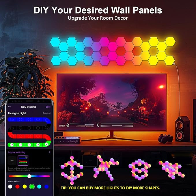 Hexagon LED Light Panels 8 Pack – RGB Wall Decor Lights with Music Sync, App & Remote – Modular Home & Christmas Decor for Bedroom, Living Room, and Room Decor - Image 2