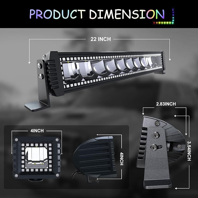 22" RGB LED Light Bar 2x4 Flood LED Pods Offroad Driving Fog Lights - Image 2