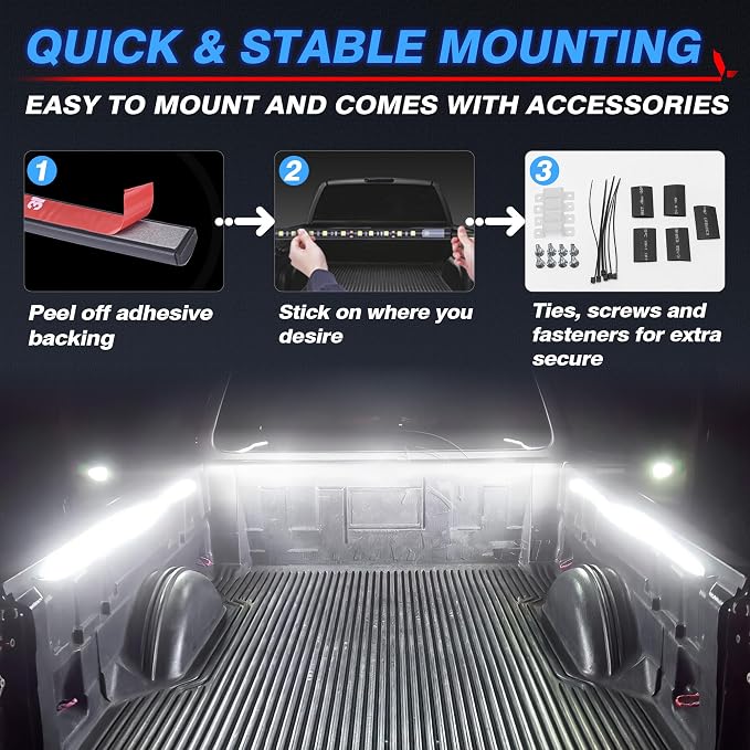 MICTUNING 3Pcs 60 Inch Truck Bed Lights - White Waterproof LED Light Strip with On-Off Switch Fuse Splitter Cable Compatible for Truck Jxxp Pickup RV SUV Vans Cargo Boats and More - Image 3