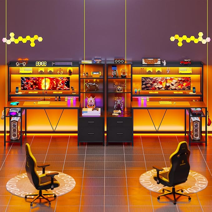 65-inch Gaming Desk with Power Outlets,LED Lights, 4 Storage Shelves,Home Office Desk with Monitor Shelf, Pegboard 8 Hooks Mouse Pad, 2 Drawers, 2 Side Hooks, Black - Image 4