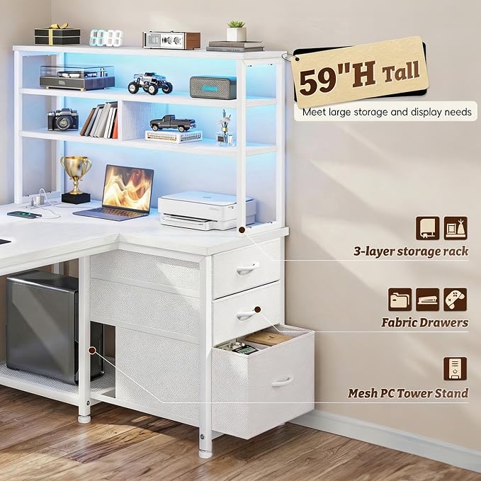 DurayLoly 55''White Desk with 3 Drawers & Shelf, LED, Outlet for Bedroom - Image 3