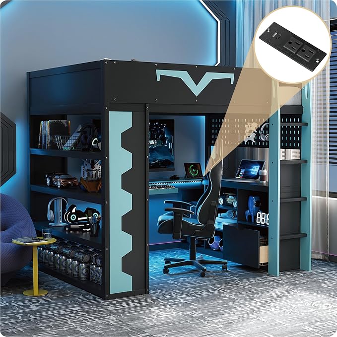 Merax Full Size Gaming Loft Bed with Desk and RGB LED Lights, Pro-Gamer Bed with Power Outlet, Large Bookshelf, Pegboard, Keyboard Tray & Drawer, Blue - Image 3