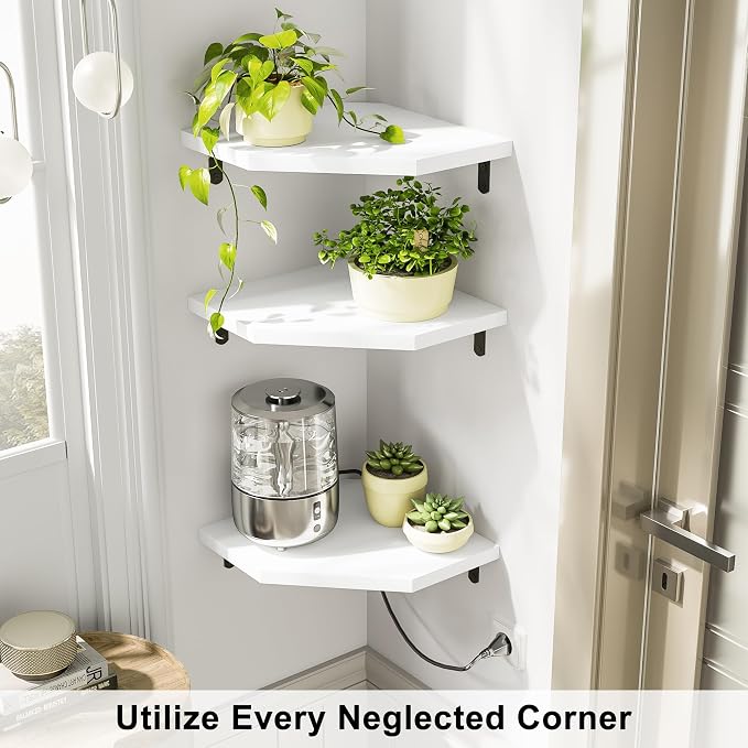 Alsonerbay Pine Wood Corner Shelves with Cable Cutout 3-Pack, White - Image 2