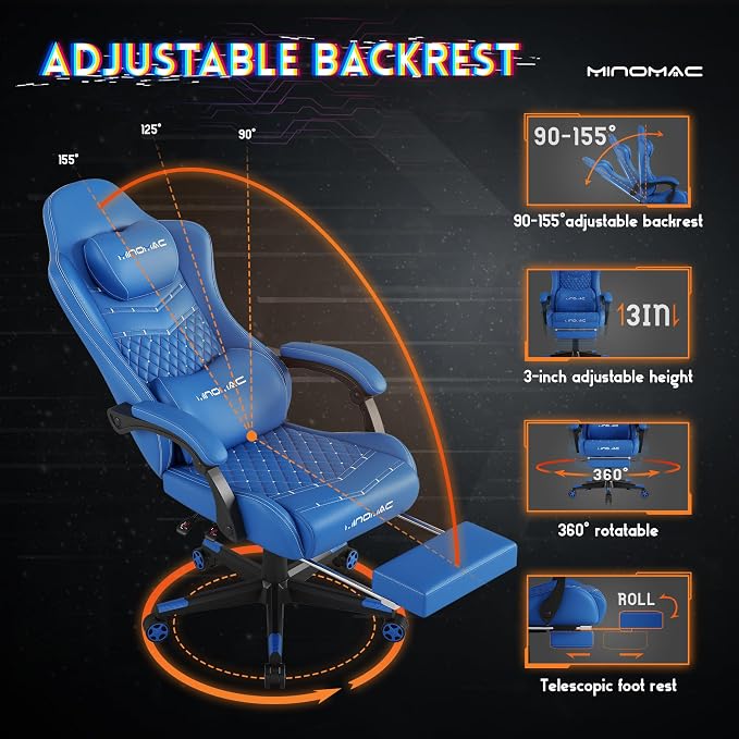 Gaming Chair,Big and Tall Gaming Chair 400lbs Office Chair with Footrest, 90-155° Recline & Removable Headrest Lumbar Support[Spring + 4D Sponge](Blue) - Image 6