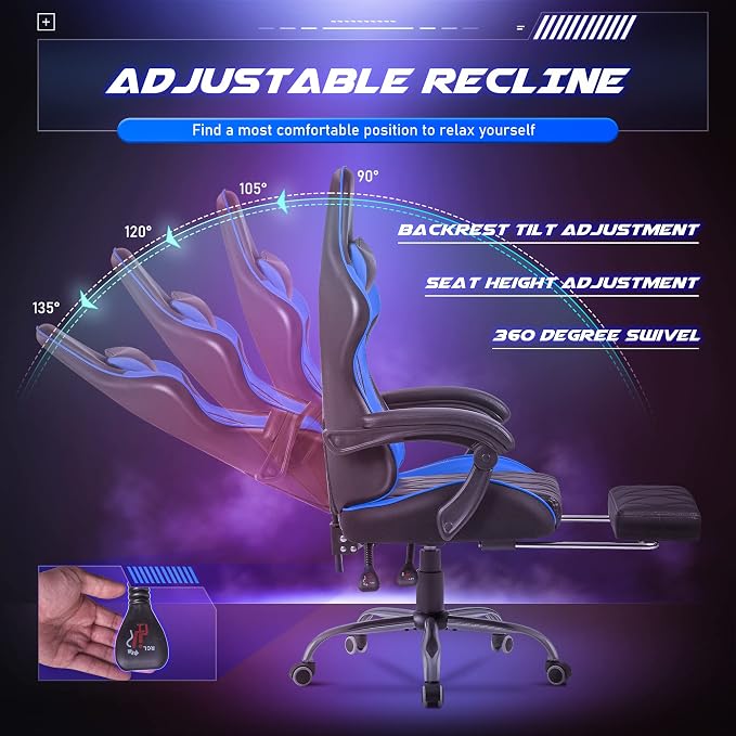 Homall Gaming Chair, Computer Chair with Footrest and Massage Lumbar Support, Ergonomic High Back Video Game Chair with Swivel Seat and Headrest (Blue) - Image 6