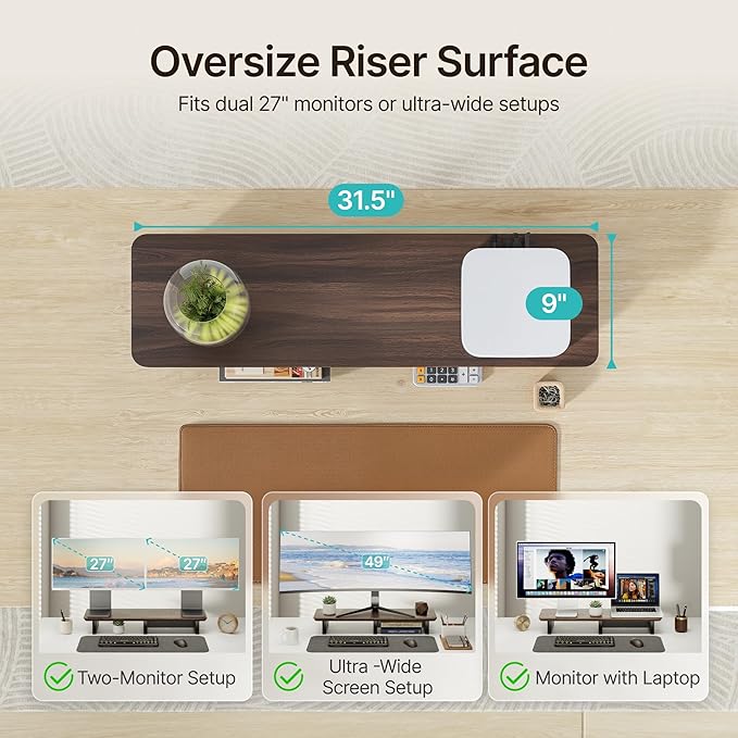 PEGZONE 31.5" Dual Monitor Riser, Metal Shelf Wooden Desk Organizer | Walnut Wooden Desk Shelf for 2 Monitors/TV,Monitor Stand Riser for Desk, Wood Monitor Stand Organizer for Home Office - Image 5