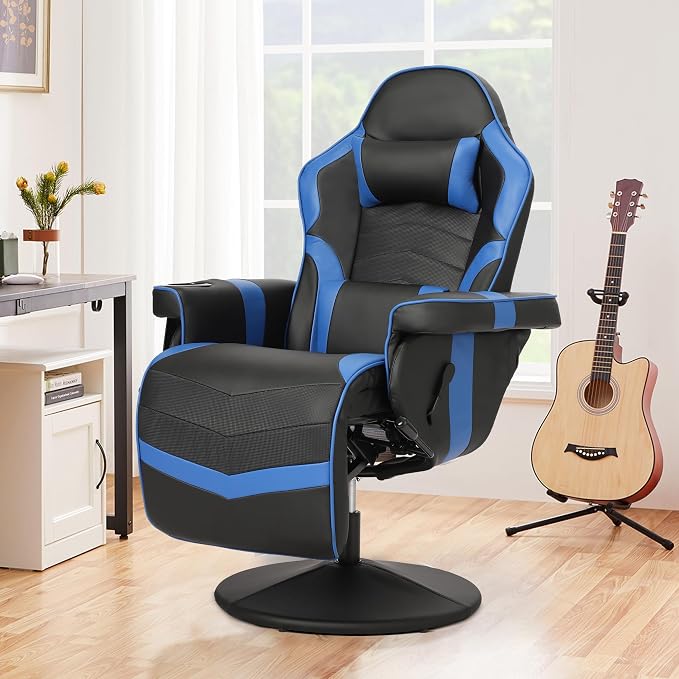 Massage Gaming Recliner Chair with Cup Holder & Side Pockets – Ergonomic PU Leather Video Gaming Chair with Footrest, Manual Recline, Headrest & Lumbar Support for Office or Game Room (Blue) - Image 8