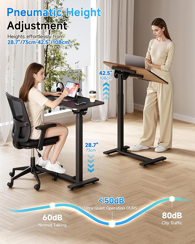 BIZUM Mobile Standing Desk Laptop Desk Pneumatic with Wheels 180° Tilt Top Hospital Bed Table Portable Rolling Cart Foldable Bedside Table for Hospital&Home Use, Walnut - Image 6