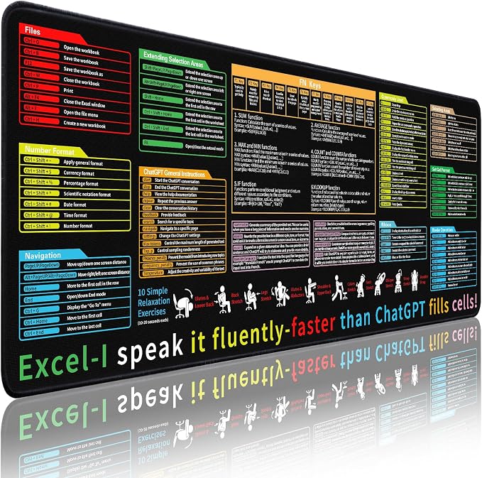 Excel Cheat Sheet Desk Pad - Large Mouse Pad - Excel Cheat Sheet Desk Mat, Non-Slip Base Mousepad Suitable for Office, Computer Games, Desk Mat and More (31.5" x 11.8") by Unknown
