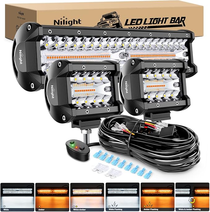 Nilight 12Inch 300W LED Light Bar 2PCS 4Inch 60W Light Pods Amber White Strobe 6 Modes Memory Function Reset Function Off Road Truck with 16AWG Wiring Harness Kit-3 Leads, 2 Years Warranty by Nilight