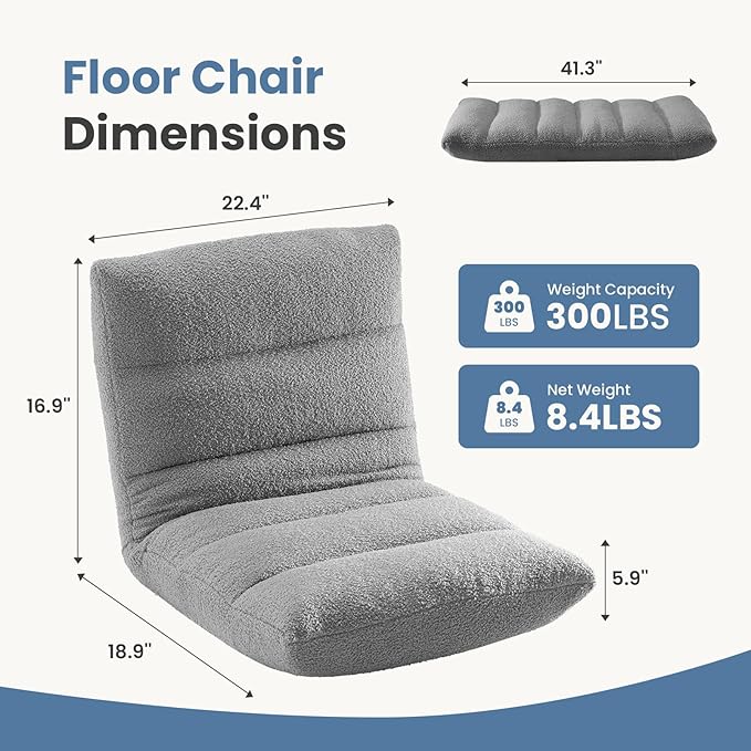 DUMOS Folding Floor Chair, 14-Position Adjustable Backrest Floor Seating | 5.9'' Thick Cushion Floor Seat with Teddy Velvet and Steel Frame for Adults, Kids, Reading, Meditation, Viedo Game, Grey - Image 3