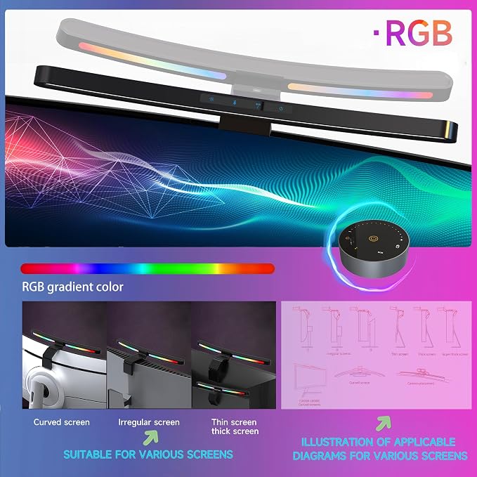 ONWAY Curved Monitor Light Bar with RGB Backlight, Wireless Remote Touch Control, No Glare Lamp with Camera Base for Gaming/Office Computer Setup - Image 3
