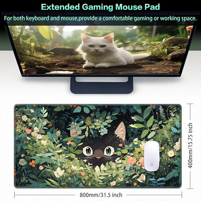 Canjoy Gaming Mouse Pad, 31.5x15.7in Anime Kawaii Large Mouse Pads for Desk | Cute Black Cats Desk Mat for Keyboard and Mouse Computer Big Full Size Desk Pad with Non-Slip Rubber Base and Stitched Edge - Image 2