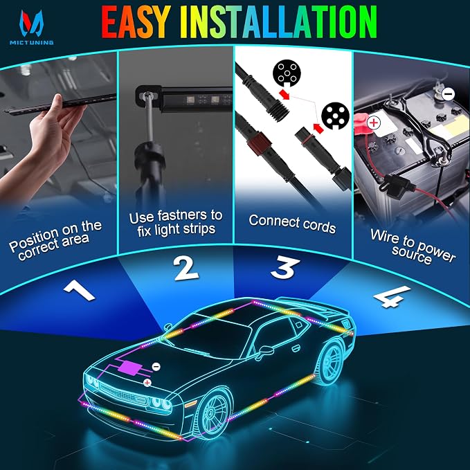 MICTUNING U8 RGBW Underglow LED Light Bars (8-Piece Kit) 888 Ultra-Bright LEDs, Dual Remotes, White+RGB Colors, IP68 Waterproof Aluminum Housing – for Cars, Trucks, SUVs, ATVs - Image 5