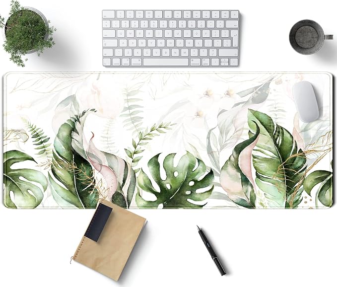 Green Tropical Leaves Desk Mat XL Large Gaming Mouse Pad Green Sage Plant Laptop Keyboard Mouse Mat Office Supplies Desk Decor Accessories for Women, Desk Mats Pads on top of Desks, 31.5x11.8 in by TENG+DA+QING