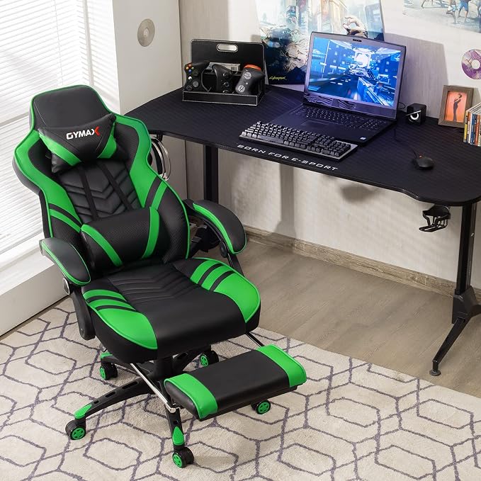 GYMAX Gaming Chair, Ergonomic Computer Chair with Footrest, Linkage Armrests & Lumbar Cushion, Big Wide High Back Video Gaming Chair, Reclining Office Rolling Chair for Adult/Teens (Green) - Image 2