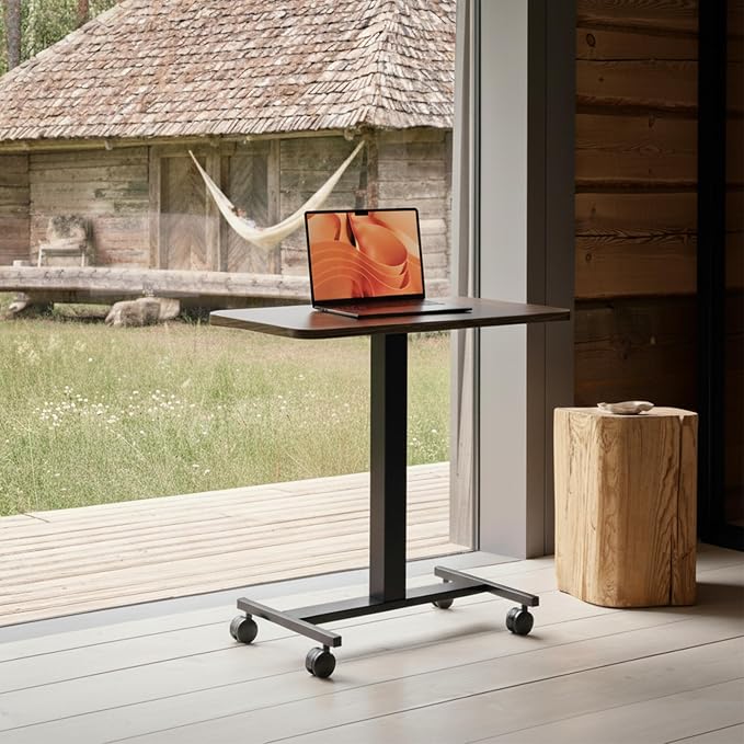 HUANUO Small Rolling Laptop Standing Desk, Height Adjustable Mobile T-Base Desk with Lockable Casters, Portable Sit-Stand Workstation for Bedside & Sofa, Walnut - Image 2