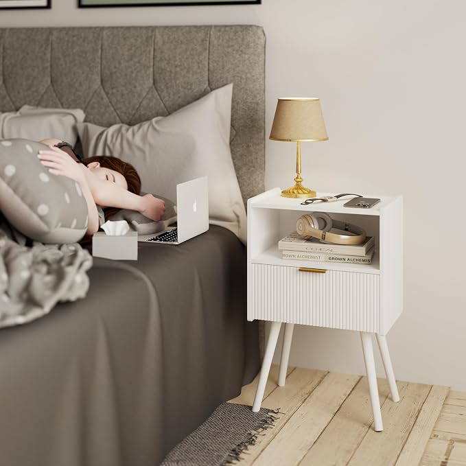 JOONEE White Nightstand,Modern Bedside Table with Storage Drawer and Open Wood Shelf, for Living Room, Bedroom and Small Spaces, Accent Night Stand with Solid Wood Legs, Easy Assembly,Classic White - Image 3