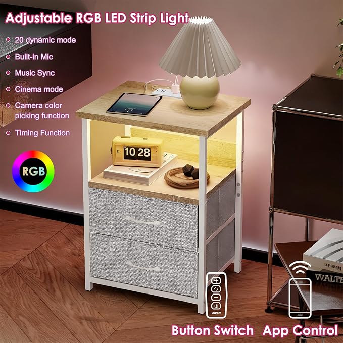 Fixwal Night Stand with Charging Station, Led Nightstand, 2 Fabric Drawers - Image 3