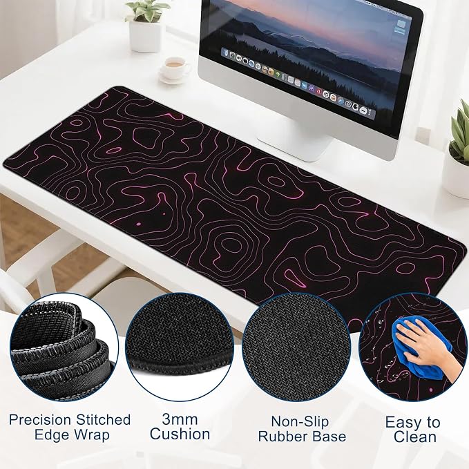 Gaming Desk Mat with Silky Smooth Surface & Exquisite Patterns,31.5x11.8 Inches Large-Sized Mouse Pad, Perfect for Extended Gaming,Work,and Home Office Decor (Red Topographic Lines) - Image 5