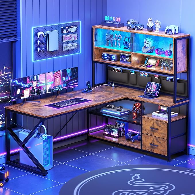 SEDETA L Shaped Office Desk with Storage Shelves, 2 Drawer, LED Light - Image 9