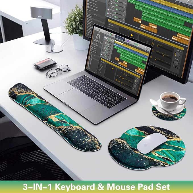 Mouse Pad Green with Wrist Rest Set, 3-in-1 Wrist Support Mousepad - Image 2