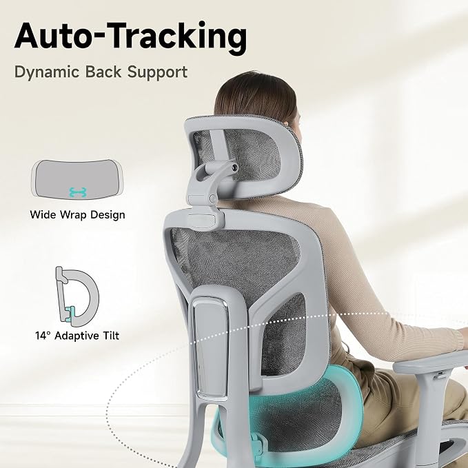 Korser Ergonomic Mesh Office Chair with Footrest, Big and Tall Desk Chair with 4D Flip-Up Arms, Auto-Tracking Lumbar Support, 3D Headrest, High Back Computer Gaming Chair for Home Office, Grey - Image 3
