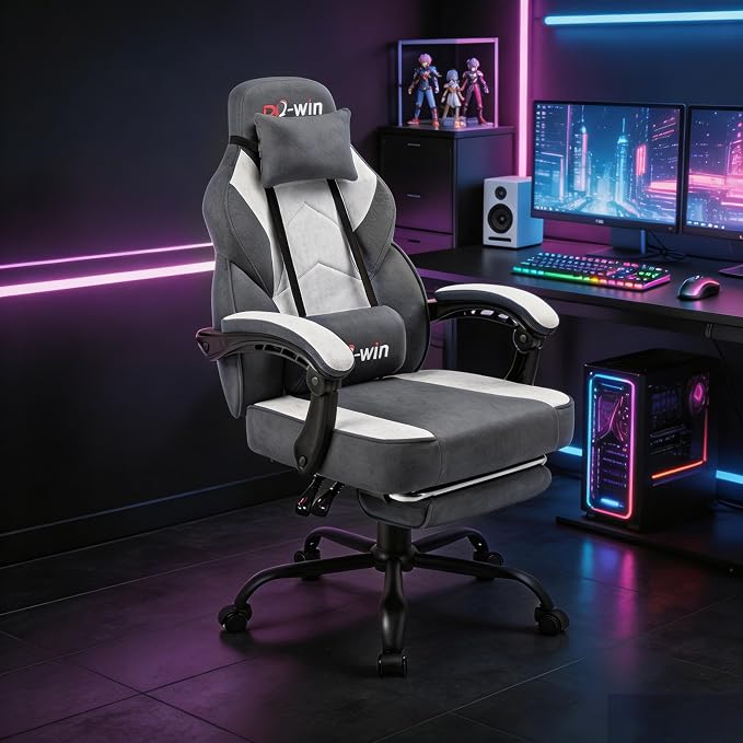 Shintenchi Big and Tall Gaming Chair Fabric Pocket Spring Cushion,High Back Recliner with Footrest and Headrest for Adults, Massage Lumbar Support for Home Office, Ergonomic Computer Desk Chair, Gray - Image 8