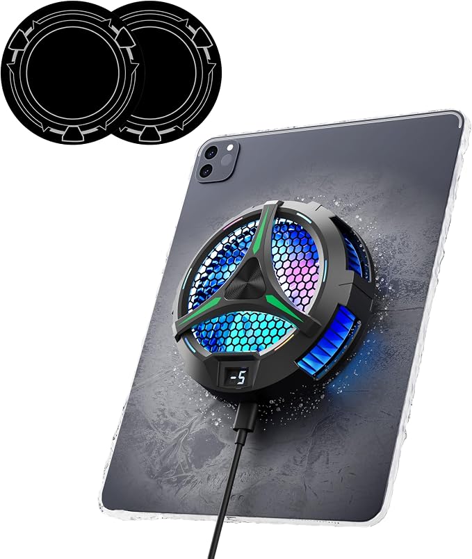 ACEDAYS iPad Cooler,Magnetic Tablet Cooler for ipad/Surface pro/Samsung Tab,iPad Cooing Fan with Temperature Display for Mobile Gaming,Tiktok Live Streaming (Green Mech+3 pcs Magnetic Suction Sheet) by ACEDAYS