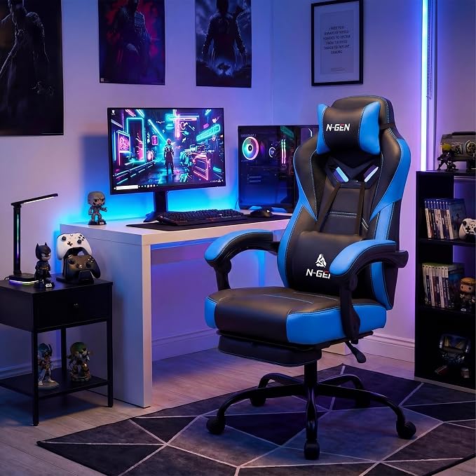 N-GEN GAMING Big & Tall Gaming Chair with Footrest, Lumbar Support, Blue | Ergonomic High-Back Chair for Adults, Padded Wide Seat with Heavy-Duty Base, Reclining Comfort for Computer, Office/Home Use - Image 2