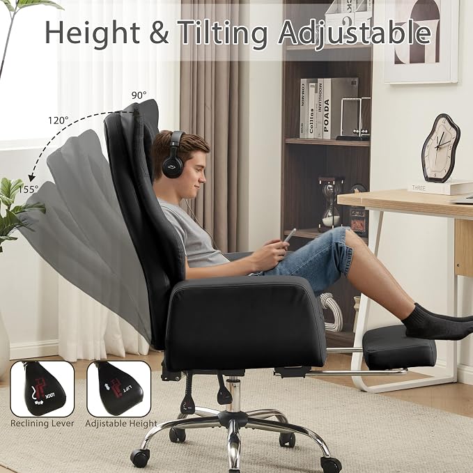 JOMEED Cross Legged Office Chair with Footrest,Flip Armrest,Black | Big and Tall Executive,Ergonomic Design with Lumbar Pillow, 155° Reclining, PU Leather Wide Desk Chair for Home and Office - Image 6