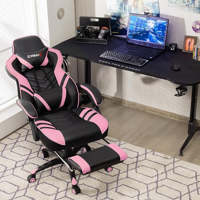 GYMAX Gaming Chair, Ergonomic Computer Chair with Footrest, Linkage Armrests & Lumbar Cushion, Big Wide High Back Video Gaming Chair, Reclining Office Rolling Chair for Adult/Teens (Pink) - Image 2