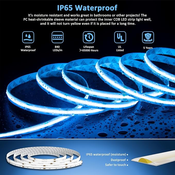 PAUTIX RGB COB LED Strip Light IP65 Waterproof,UL Listed 24V Color Changing Flexible Tape Lights 16.4ft/5m Multicolor,for TV,Bedroom,Bathroom,Party DIY Decoration(Adapter&Controller Not Included) - Image 2