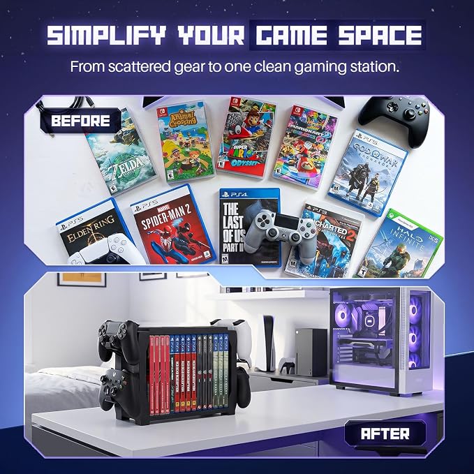 TNP Video Game Storage Tower for PS5, 15 Game Cases, 4 Controllers, Black - Image 6