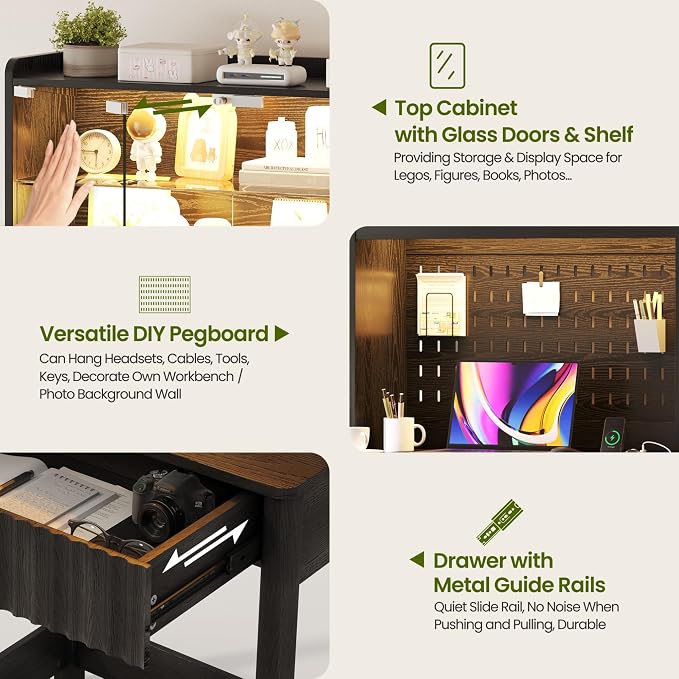 Lvifur LED Writing Desk with Hutch and Pegboard and Power Outlet (Black) | Compact Study Desk with Display Shelf, 3 Color Lights, Adjustable Brightness, USB/Type-C&2 AC Outlets, Drawer wtih Metal Rail - Image 5