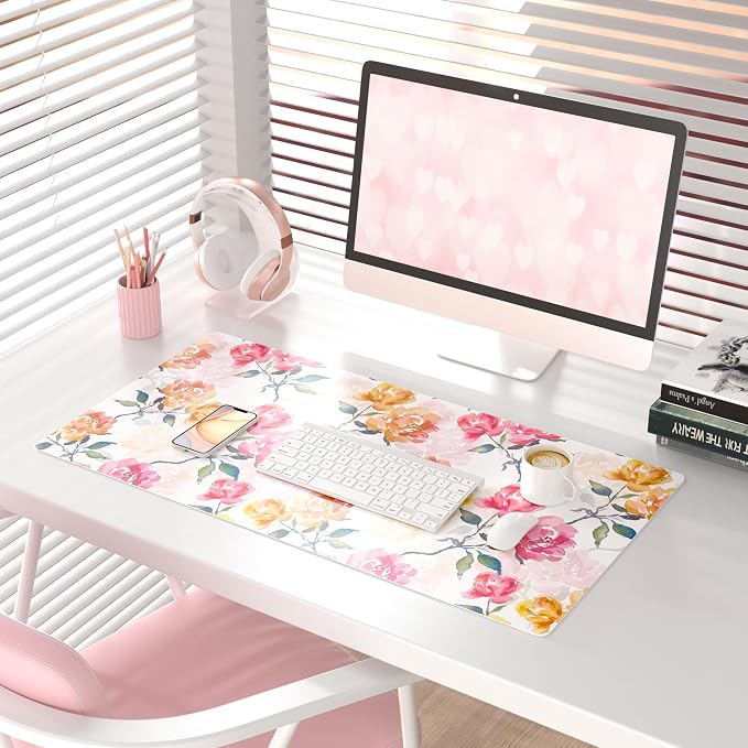 QiyI PU Leather Large Mouse Pad, Office Desk Mat, 31.5" x 15.7", Peonies | Desk Décor Accessories, Extended Size, Waterproof & Easy to Clean, Smooth Surface, Non Slip Desk Organization - Image 2
