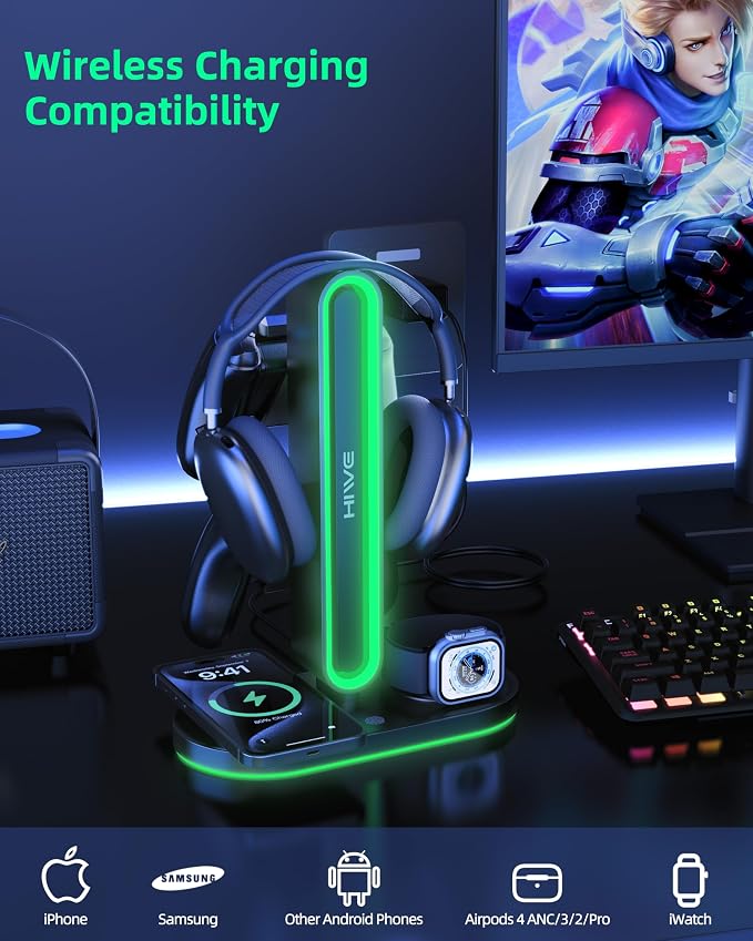 Headphone Stand, Dual Controller Holder, MagSafe Charger for iPhone/iWatch | RGB Gaming Headset Stand for All Headphones, Dual Outputs, ABS Solid Base, Adapter Included, Table Desk Organizer - Image 5